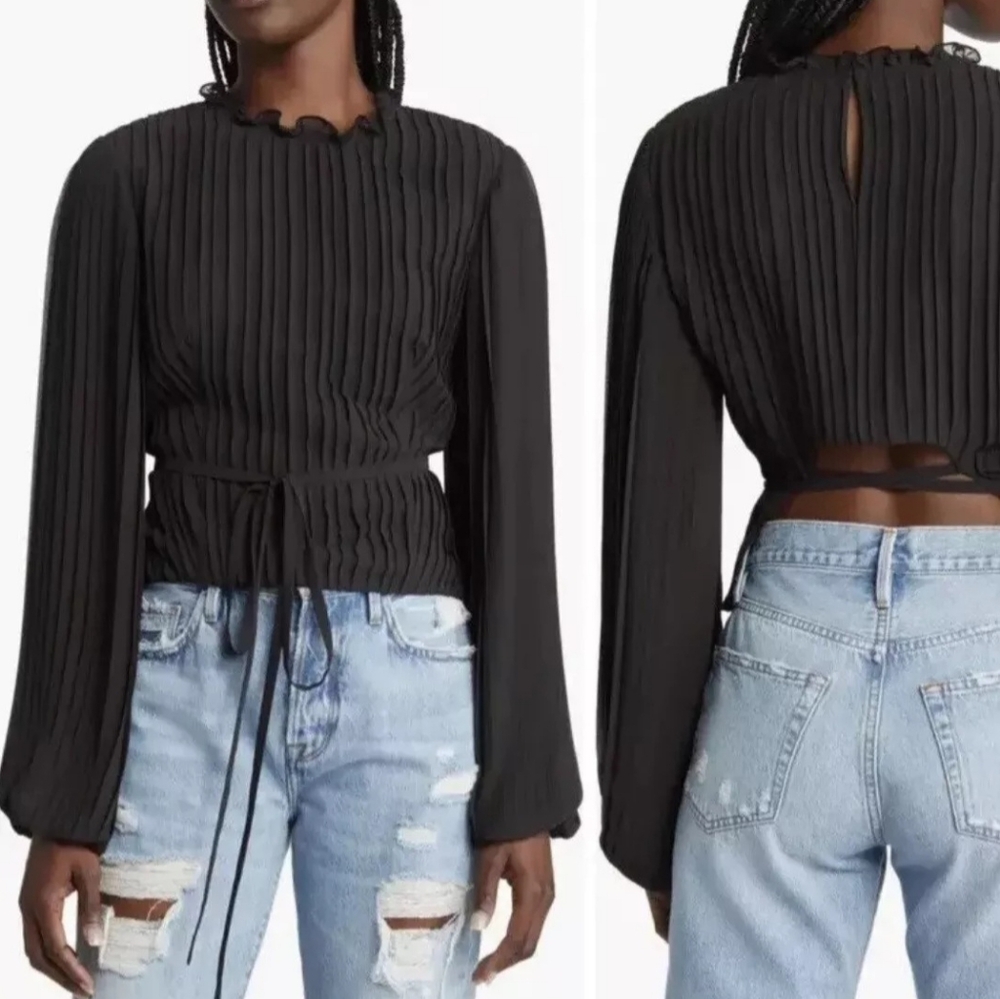 Frame Waist Tie Pleated Black Top